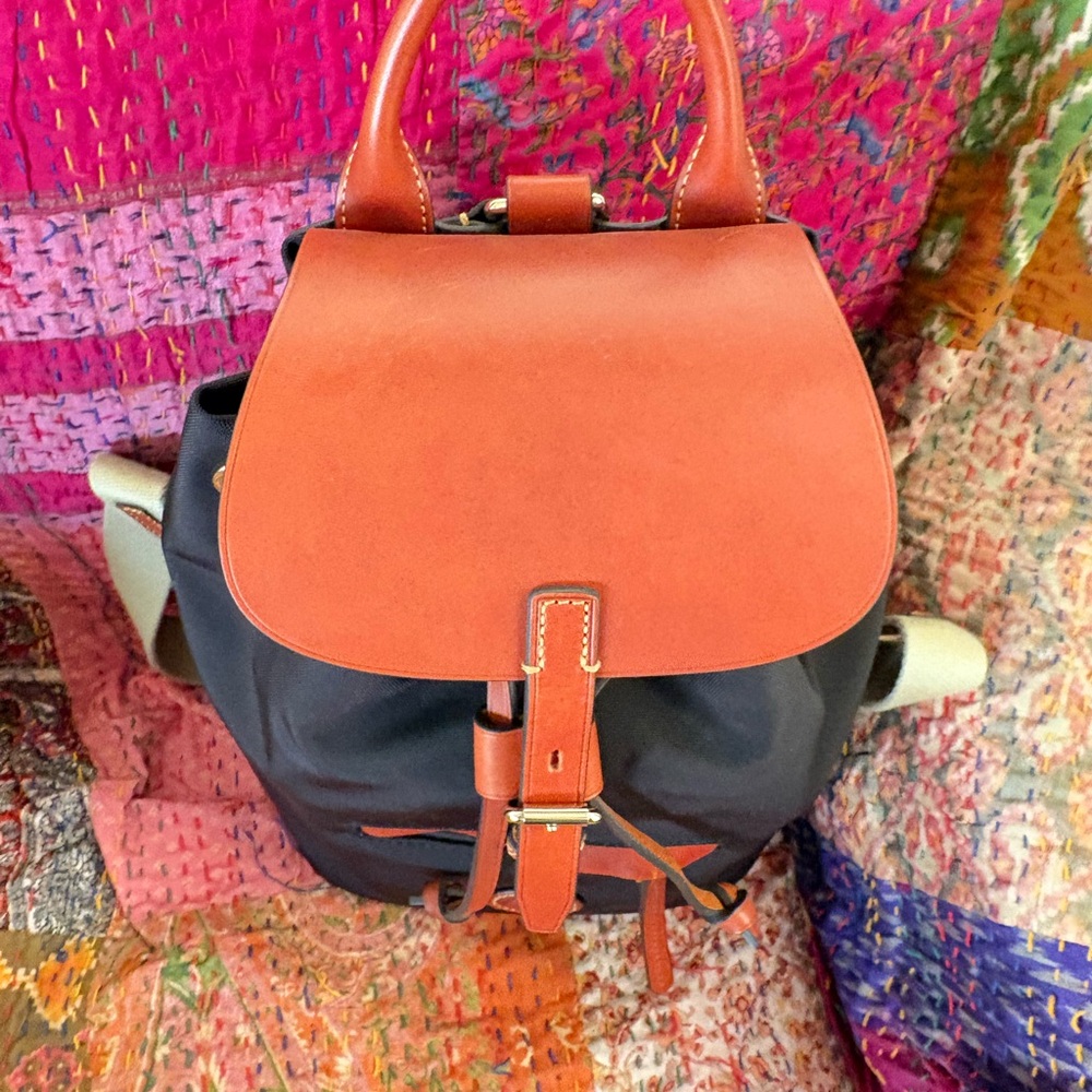 Dooney & Bourke Navy and Tan Leather Trim Drawstring Backpack - Picture 4 of 8